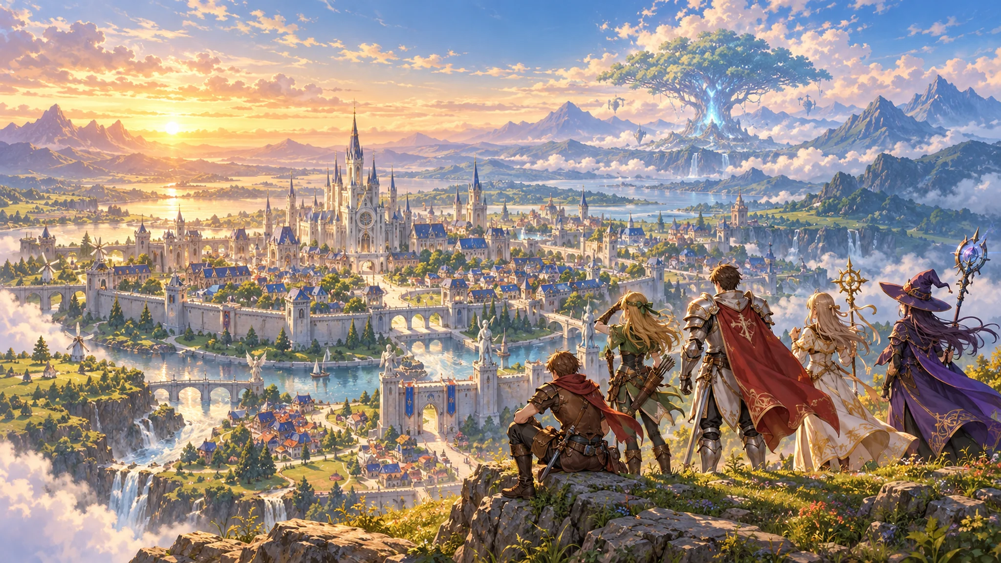 Aventureiros contemplam as cidades, florestas e montanhas de Midgard