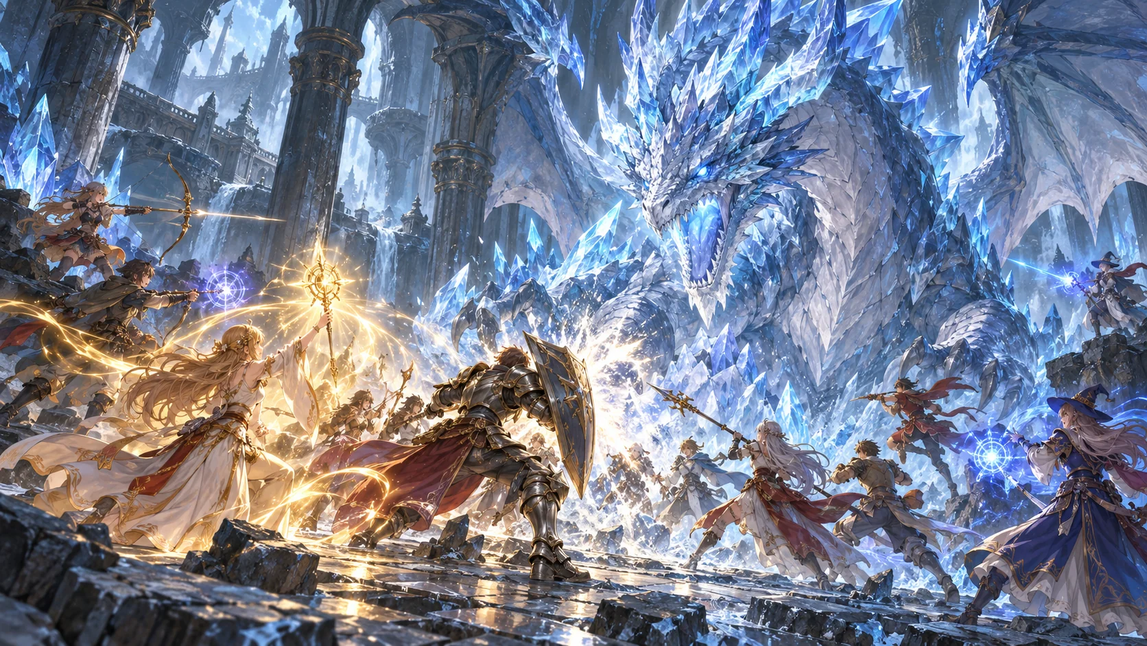 Um grupo de raid enfrenta um dragão de cristal em um templo ancestral